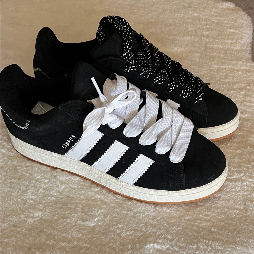 adidas Black Suede Sneakers with White Three-Stripes NWOT with two sets of laces